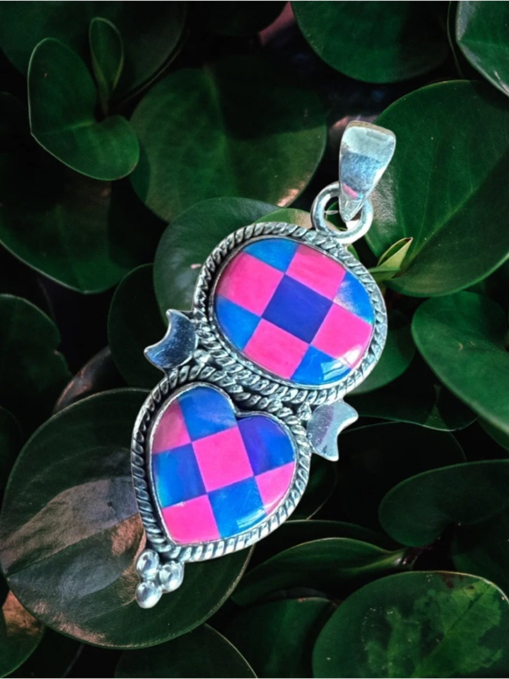 Sterling Silver Checkered Opal Inlay Pendant | Pink & Blue Festival Style | New
